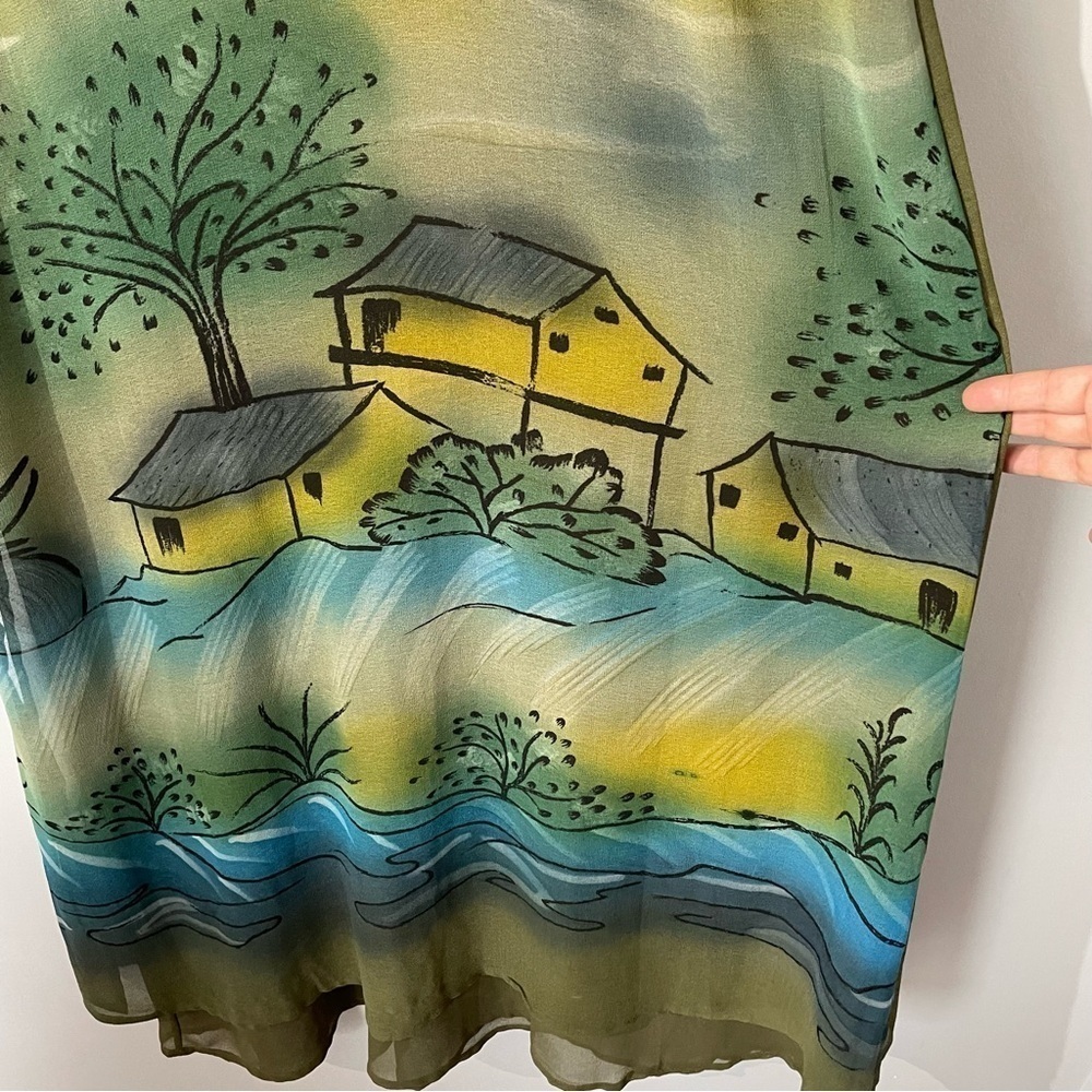 Vintage Artsy Chiffon Maxi Dress Sz M Green Oversized Relaxed Scenic Unique EUC